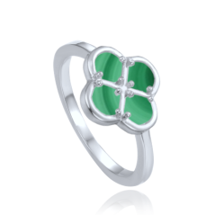 MINET Stříbrný prsten čtyřlístek se zeleným malachitem vel. 56