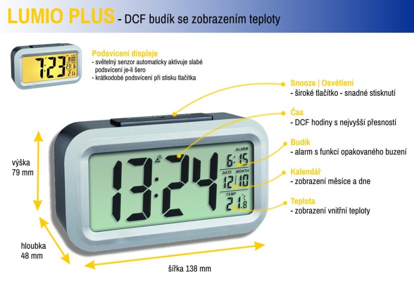 TFA 60.2553.01 - Rádiem řízený digitální budík s možností podsvícení  LUMIO PLUS - barva černá