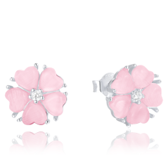 MINET Stříbrné náušnice růžové kytičky s kočičím okem a zirkonem
