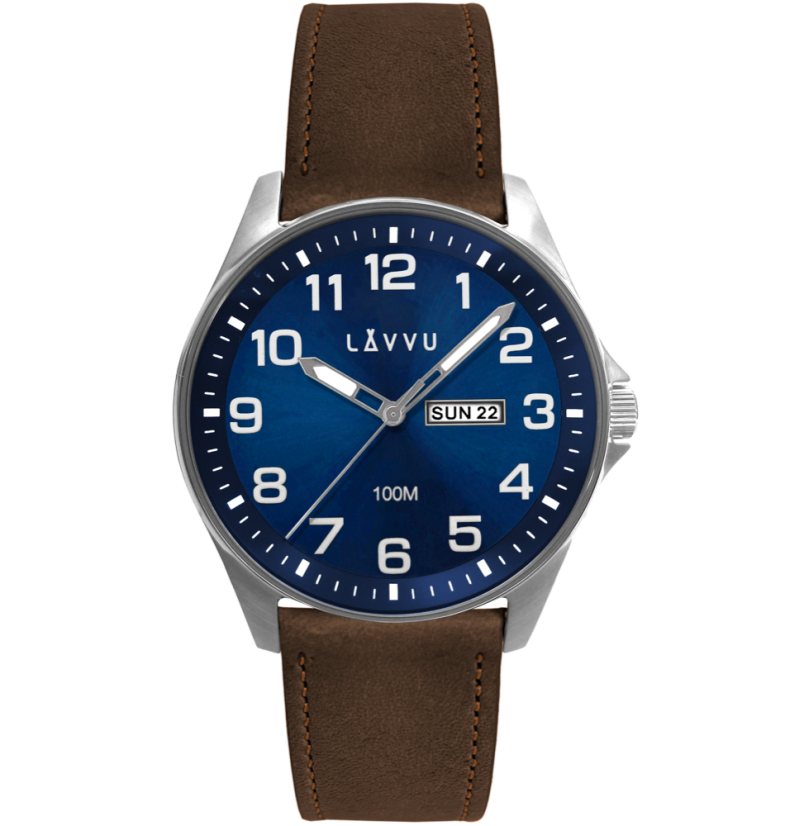 LAVVU Ocelové pánské hodinky BERGEN Blue / Top Grain Leather se svítícími čísly