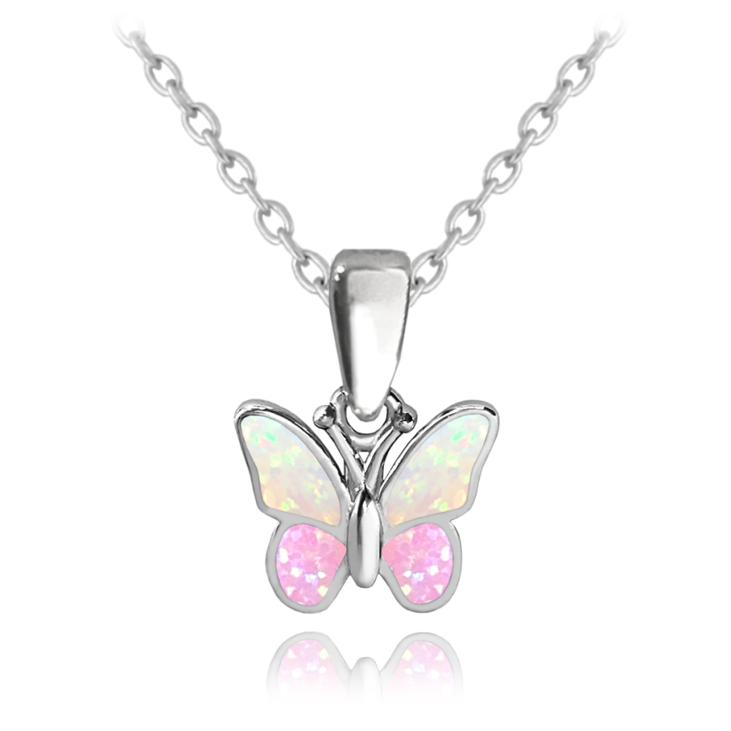 MINET Trblietavý strieborný náhrdelník MOTÝLIK s ružovým opálom