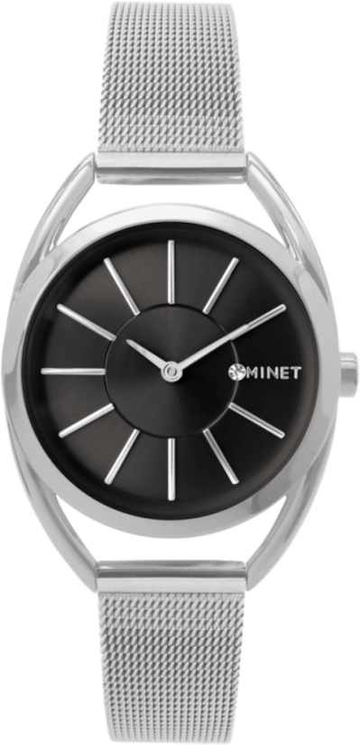 MINET Stříbrno-černé dámské hodinky ICON SILVER BLACK MESH