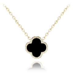 MINET Pozlacený stříbrný náhrdelník čtyřlístek s onyxem