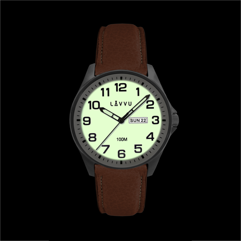LAVVU Ocelové pánské hodinky BERGEN White / Top Grain Leather se svítícím číselníkem
