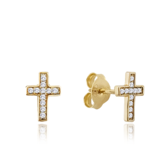 MINET Zlaté náušnice krížiky s bielymi zirkónmi Au 585/1000 0,90g