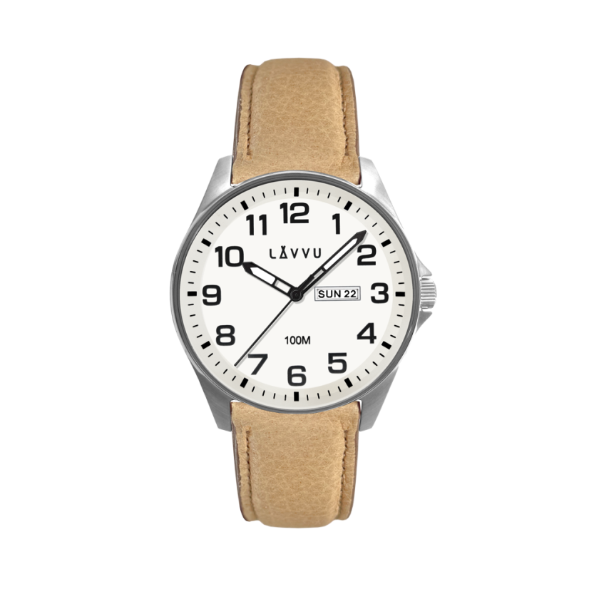 LAVVU Ocelové pánské hodinky BERGEN White / Top Grain Leather se svítícím číselníkem