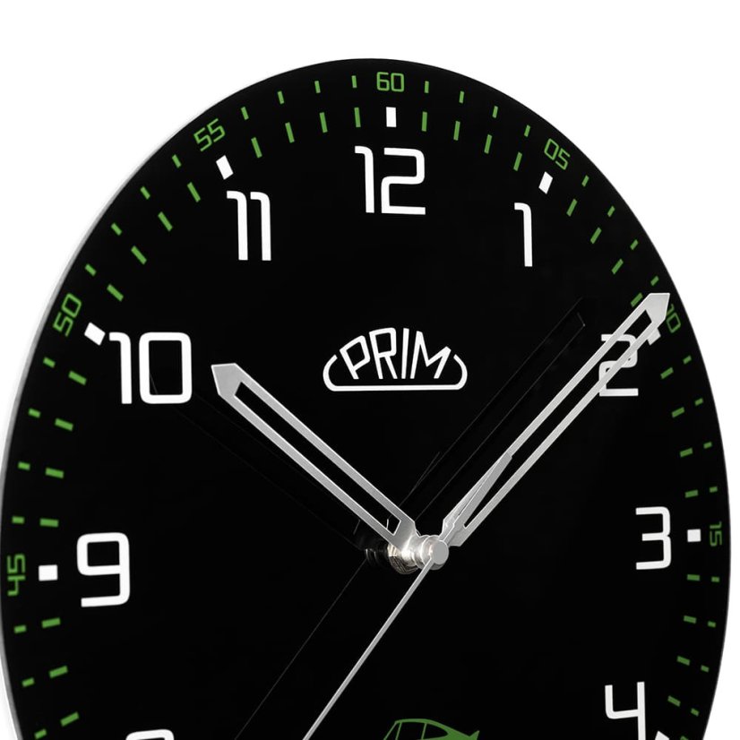 Sklenené nástenné hodiny s tichým chodom PRIM Speedline - čierno-zelené - E09.5530.9040