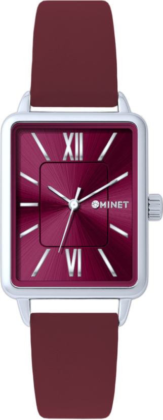 MINET Stříbrno-vínové dámské hodinky SIENA s vínovým koženým řemínkem