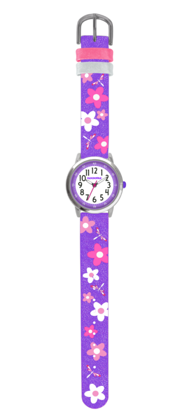 CLOCKODILE Květované fialové dívčí dětské hodinky FLOWERS se třpytkami