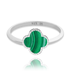 MINET Strieborný prsteň štvorlístok so zeleným malachitom veľ. 54