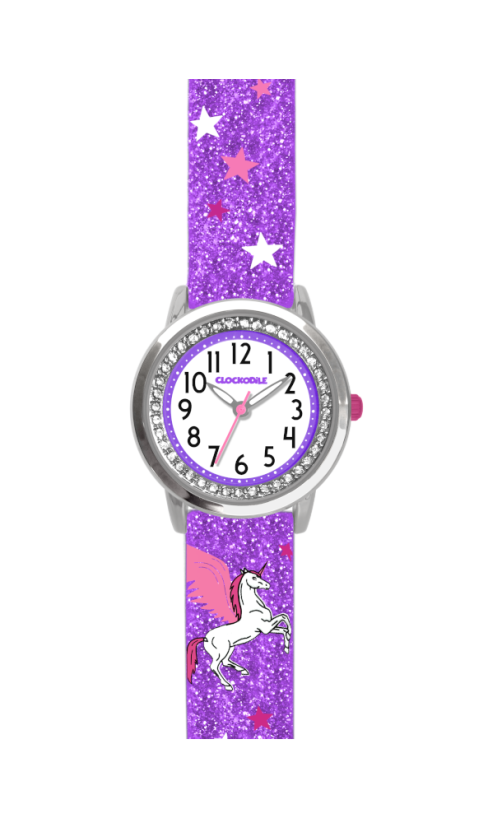 Fialové třpytivé dívčí hodinky s jednorožcem a kamínky CLOCKODILE UNICORN CWG5102