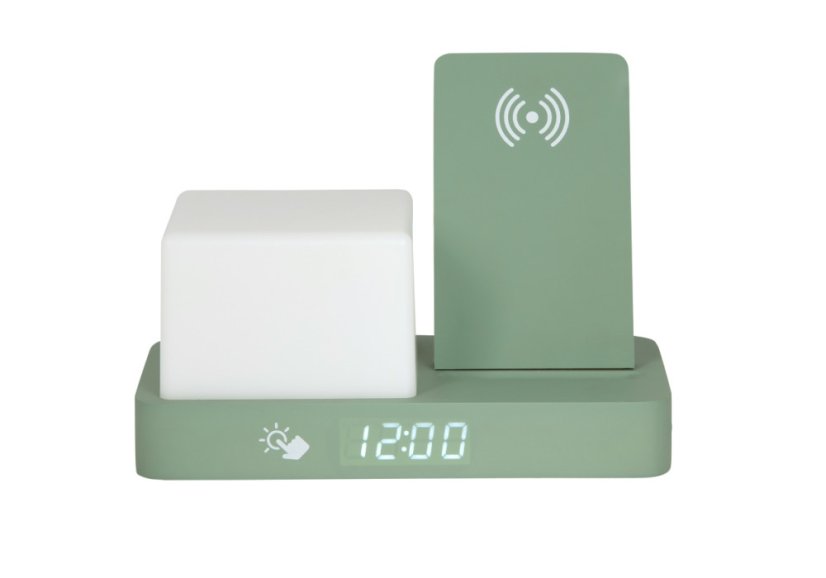 Digitálne stolné hodiny 6079GR Karlsson s lampou a nabíjačkou smartfónov 20cm