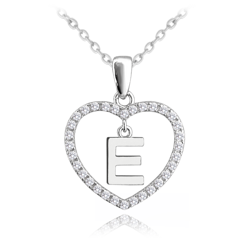 MINET Strieborný náhrdelník písmeno v srdiečku "E" so zirkónmi