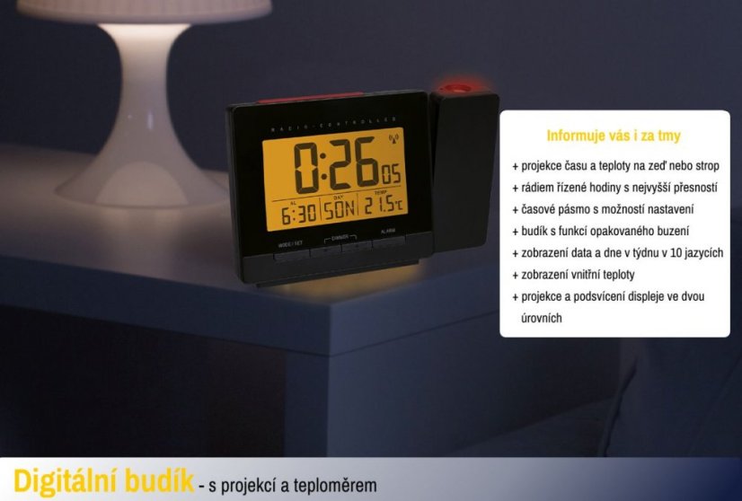TFA 60.5016.01 - Rádiem řízený digitální budík s projekcí, zobrazením vnitřní teploty a podsvětleným displejem