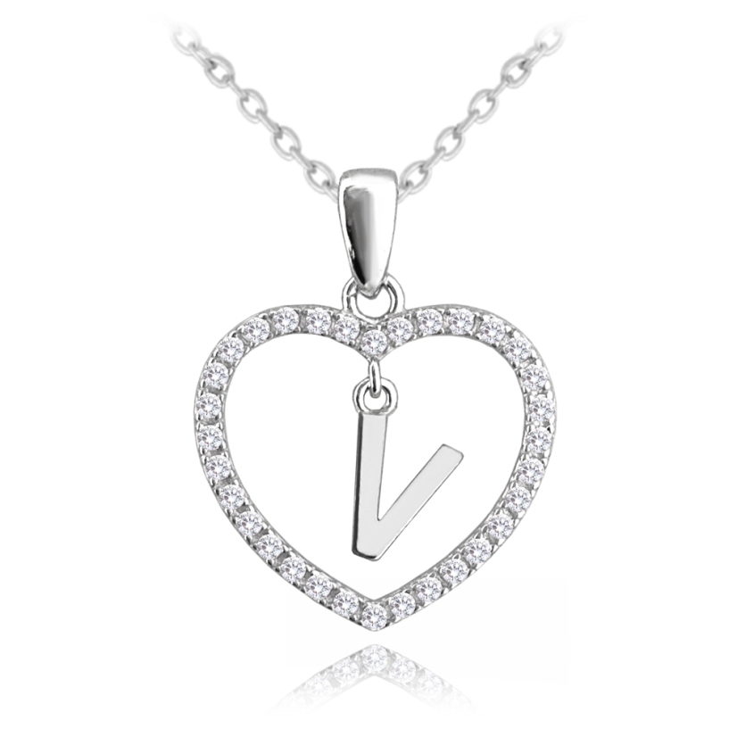 MINET Strieborný náhrdelník písmeno v srdiečku "V" so zirkónmi