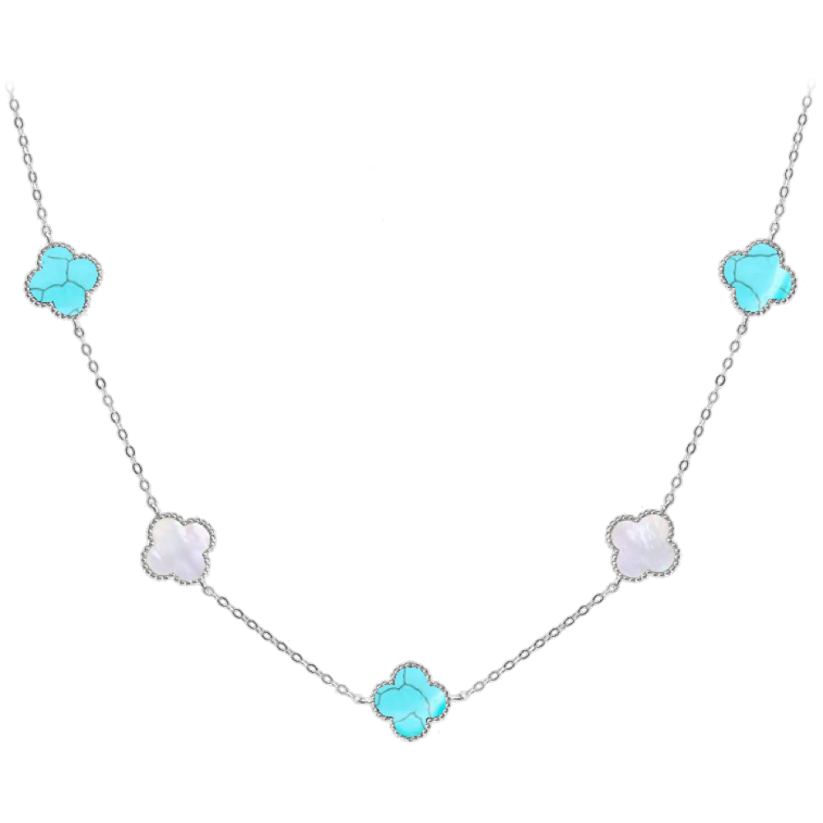 MINET Strieborný náhrdelník ŠTVORLÍSTKY s bielou perleťou a tyrkysom Ag 925/1000 11,85g