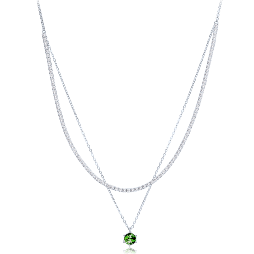 MINET Elegantný dvojitý strieborný náhrdelník so zeleným a bielym zirkónom