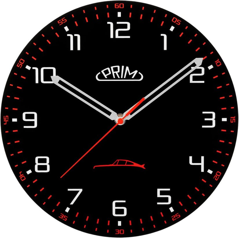 Sklenené nástenné hodiny s tichým chodom PRIM Speedline - čierno-červené - E09.5530.9020
