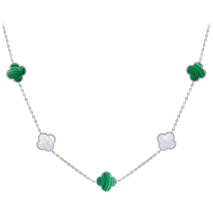 MINET Stříbrný náhrdelník ČTYŘLÍSTKY s bílou perletí a malachitem Ag 925/1000 11,80g