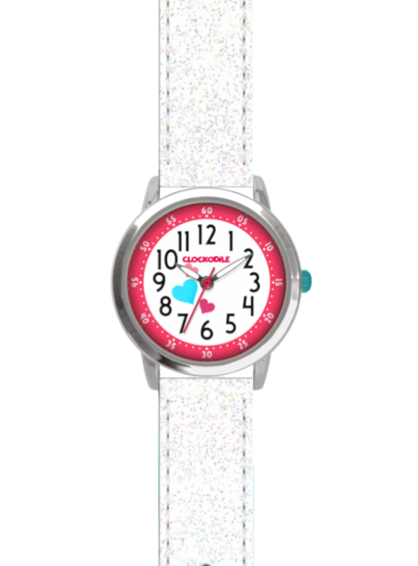 CLOCKODILE Bílo-růžové třpytivé dívčí dětské hodinky se srdíčky HEARTS