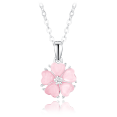 MINET Stříbrný náhrdelník růžová kytička s kočičím okem a zirkonem