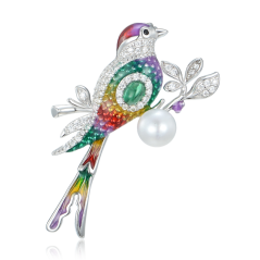 MINET Stříbrná brož barevný ptáček s přírodní perlou