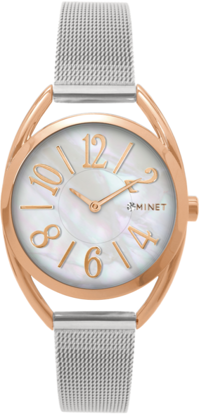 MINET Strieborno-ružové dámske hodinky s číslami ICON ROSE GOLD PEARL MESH
