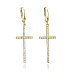 MINET Luxusní pozlacené stříbrné náušnice kříže s bílými zirkony