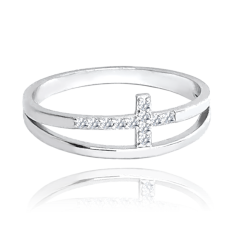 MINET Dvojitý stříbrný prsten KŘÍŽEK s bílými zirkony vel. 62