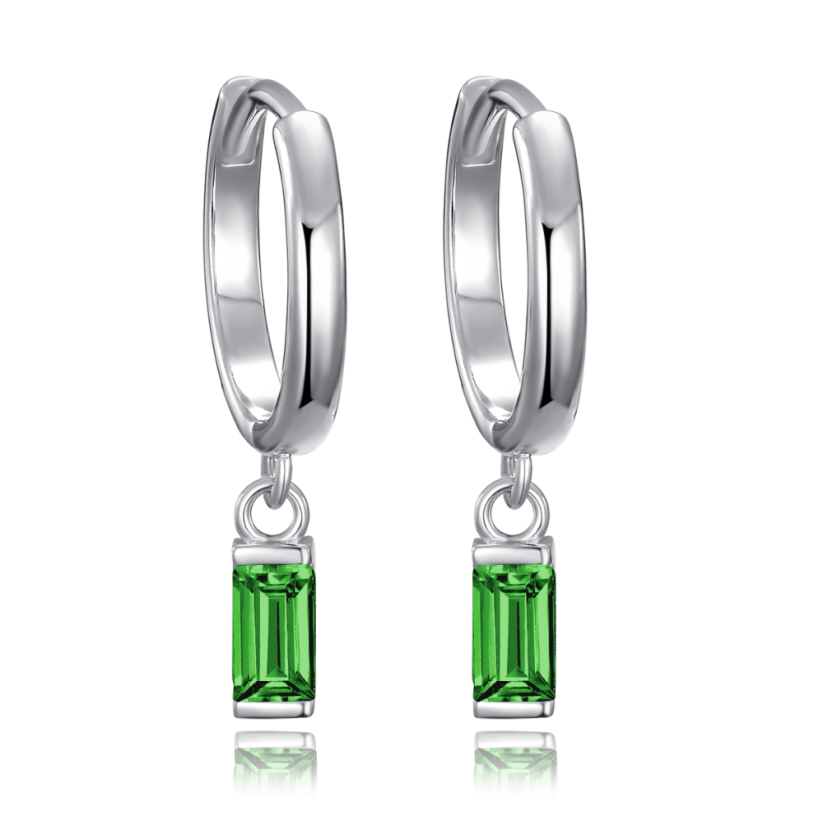 MINET Strieborné náušnice krúžky s visiacimi zelenými zirkónmi