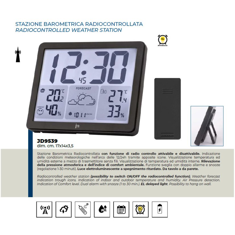 Meteostanice a digitální hodiny JD9539 Lowell řízené signálem DCF 17cm