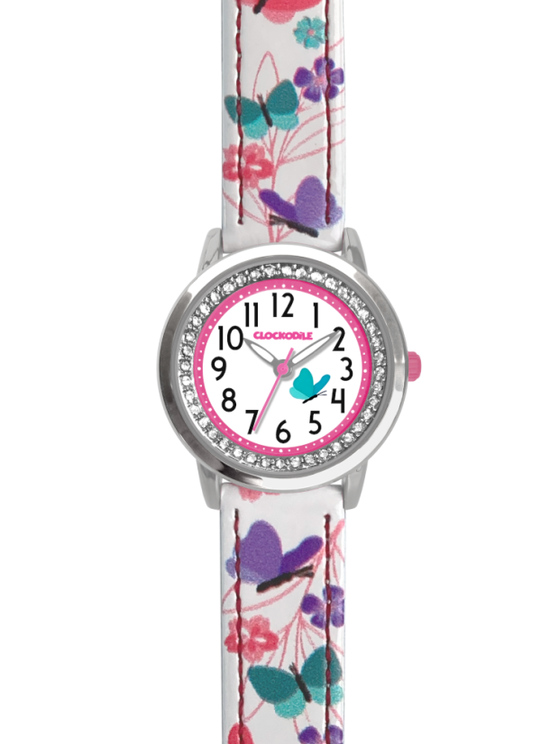 CLOCKKODIEL Biele dievčenské detské hodinky MOTÝĽ