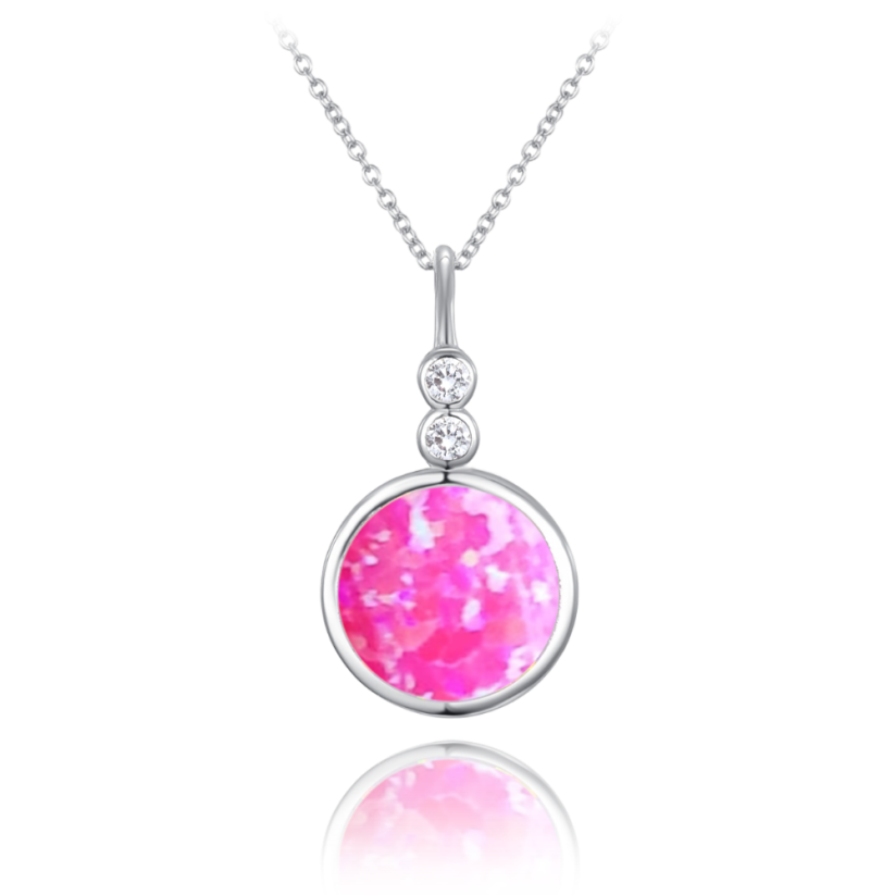 MINET Stříbrný náhrdelník s růžovým opálkem a bílými zirkony
