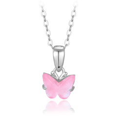 MINET Trblietavý strieborný náhrdelník ružový motýlik