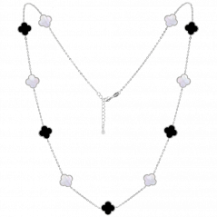 MINET Strieborný náhrdelník ŠTVORLÍSTKY s bielou perleťou a onyxom Ag 925/1000 11,70g