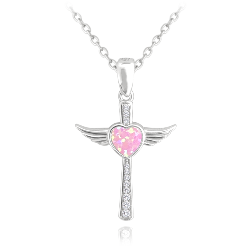 MINET Strieborný náhrdelník ANJELSKÝ KRÍŽOK s ružovým opálovým srdiečkom