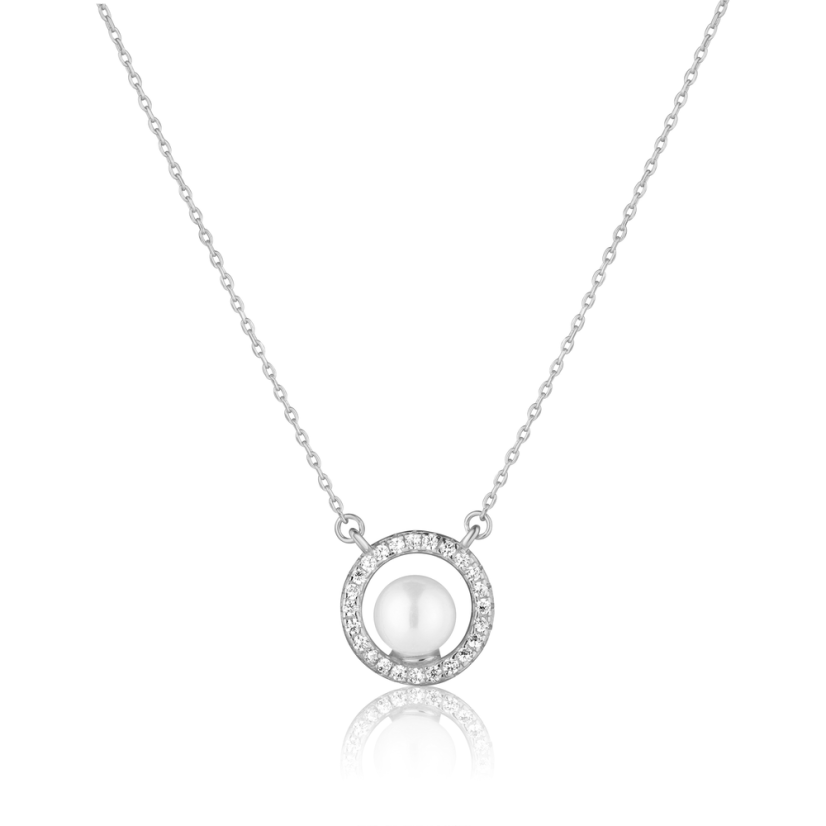 Strieborný náhrdelník so zirkónmi a perlou JVD SVLN0813SH2P145