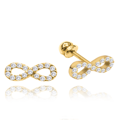 MINET Zlaté náušnice nekonečna na šroubek s bílými zirkony Au 585/1000 1,15g