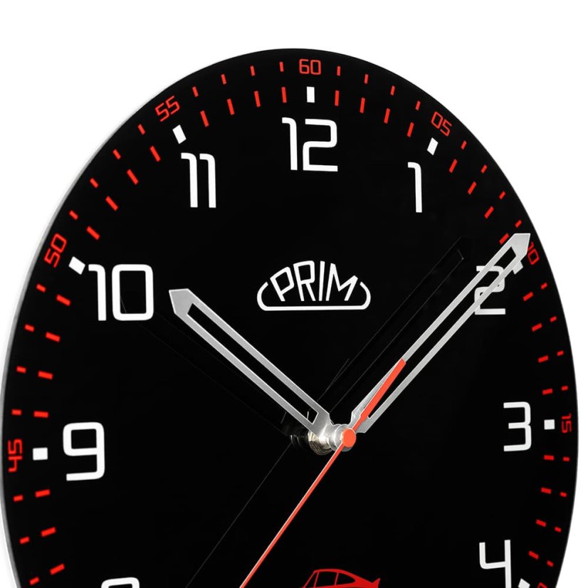 Sklenené nástenné hodiny s tichým chodom PRIM Speedline - čierno-červené - E09.5530.9020