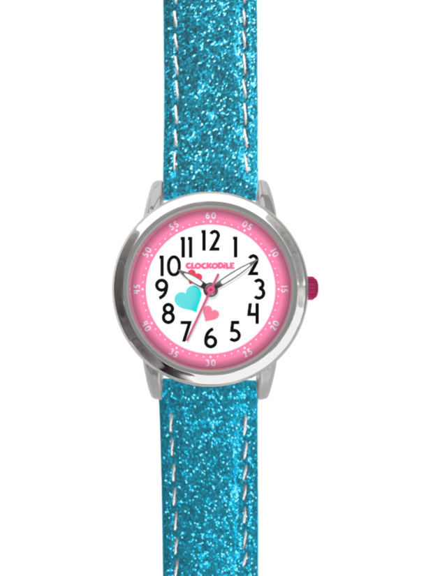 CLOKOKODIEL Tyrkysové trblietavé dievčenské detské hodinky HEARTS