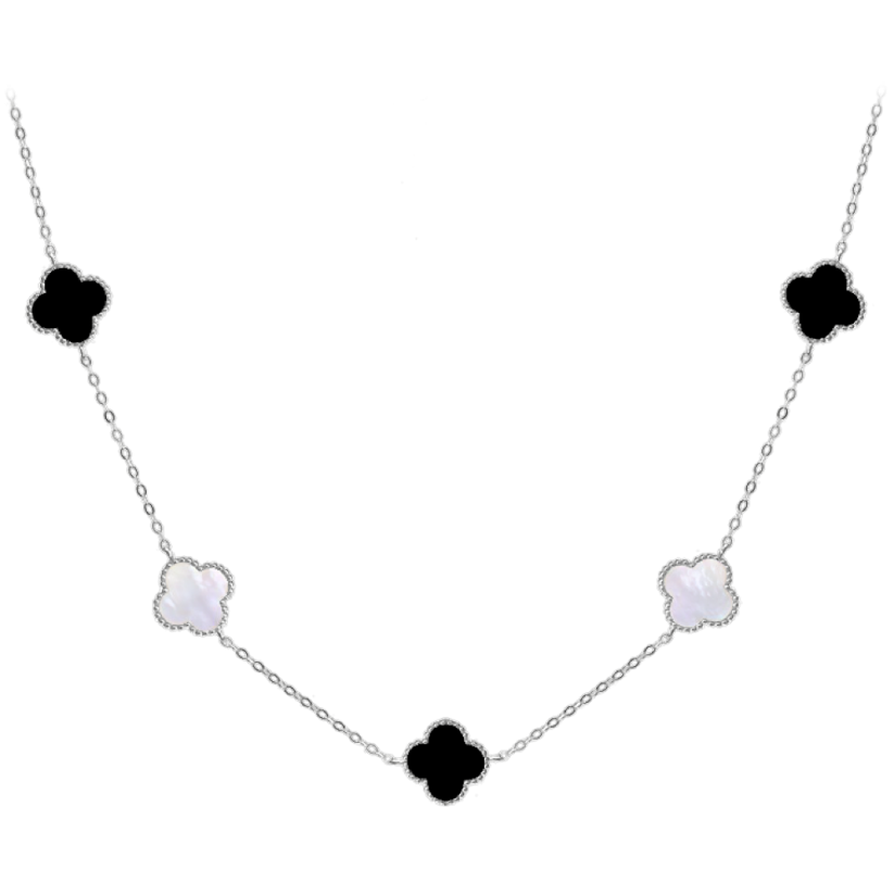MINET Stříbrný náhrdelník ČTYŘLÍSTKY s bílou perletí a onyxem Ag 925/1000 11,70g