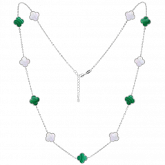 MINET Strieborný náhrdelník ŠTVORLÍSTKY s bielou perleťou a malachitom Ag 925/1000 11,80g