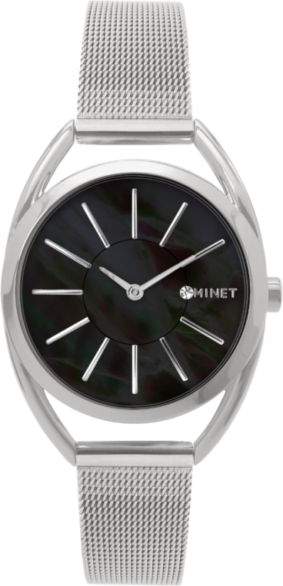 MINET Stříbrno-černé dámské hodinky ICON BLACK PEARL MESH