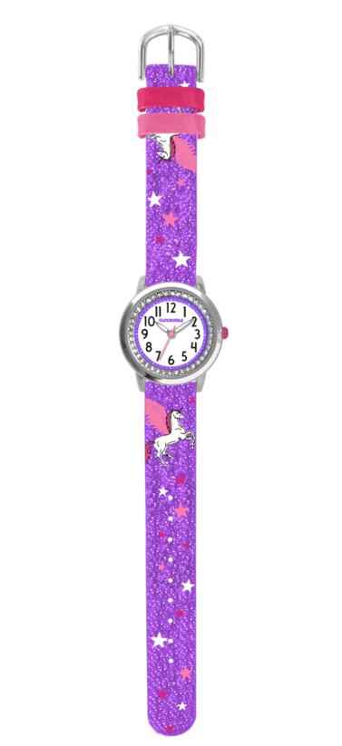 Fialové trblietavé dievčenské hodinky s jednorožcom a kamienkami CLOCKODILE UNICORN CWG5102