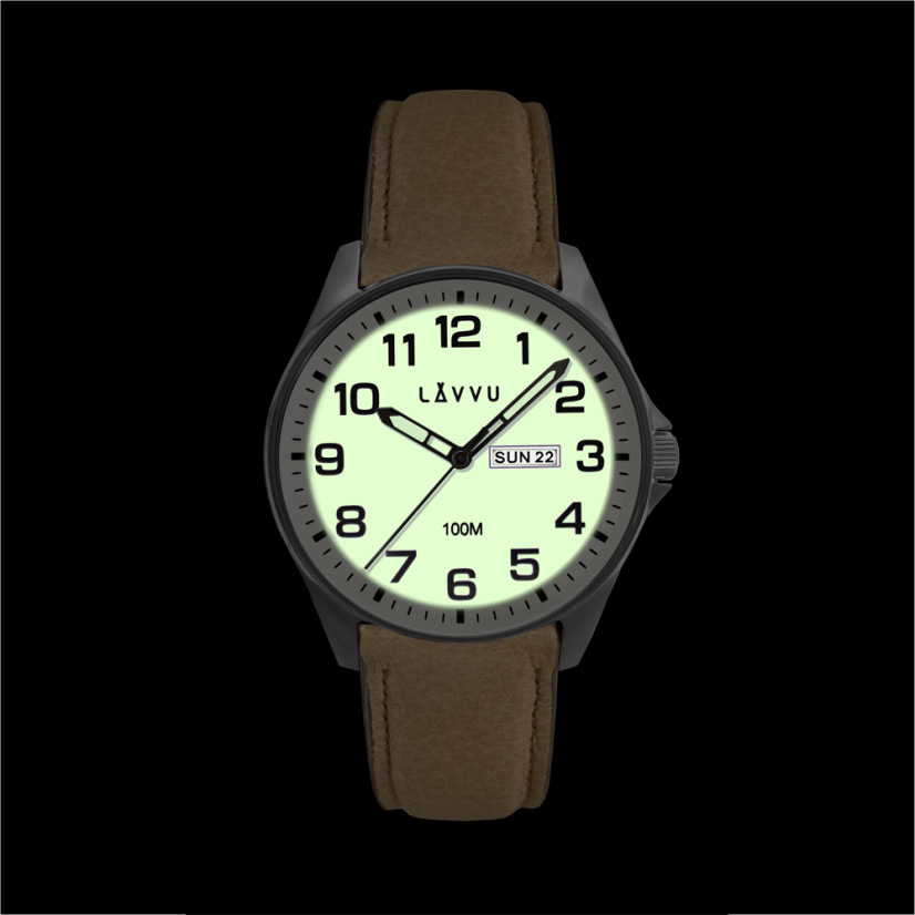LAVVU Ocelové pánské hodinky BERGEN White / Top Grain Leather se svítícím číselníkem