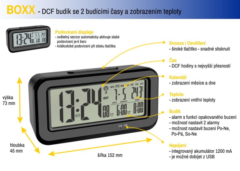 TFA 60.2554.01 - Rádiem řízený digitální budík s automatickým podsvícením  BOXX