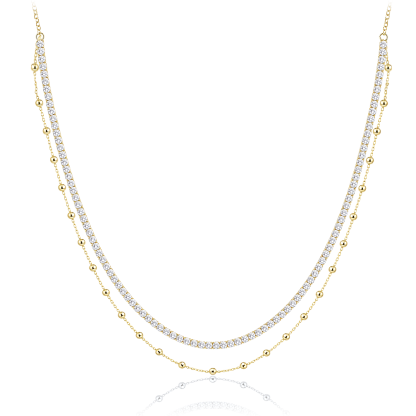 MINET Elegantný dvojitý pozlátený strieborný náhrdelník s bielym zirkónom