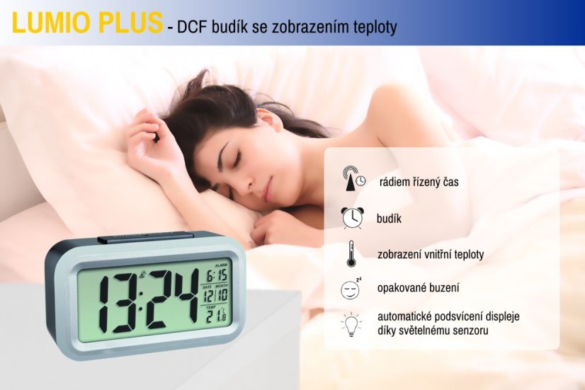 TFA 60.2553.01 - Rádiem řízený digitální budík s možností podsvícení  LUMIO PLUS - barva černá