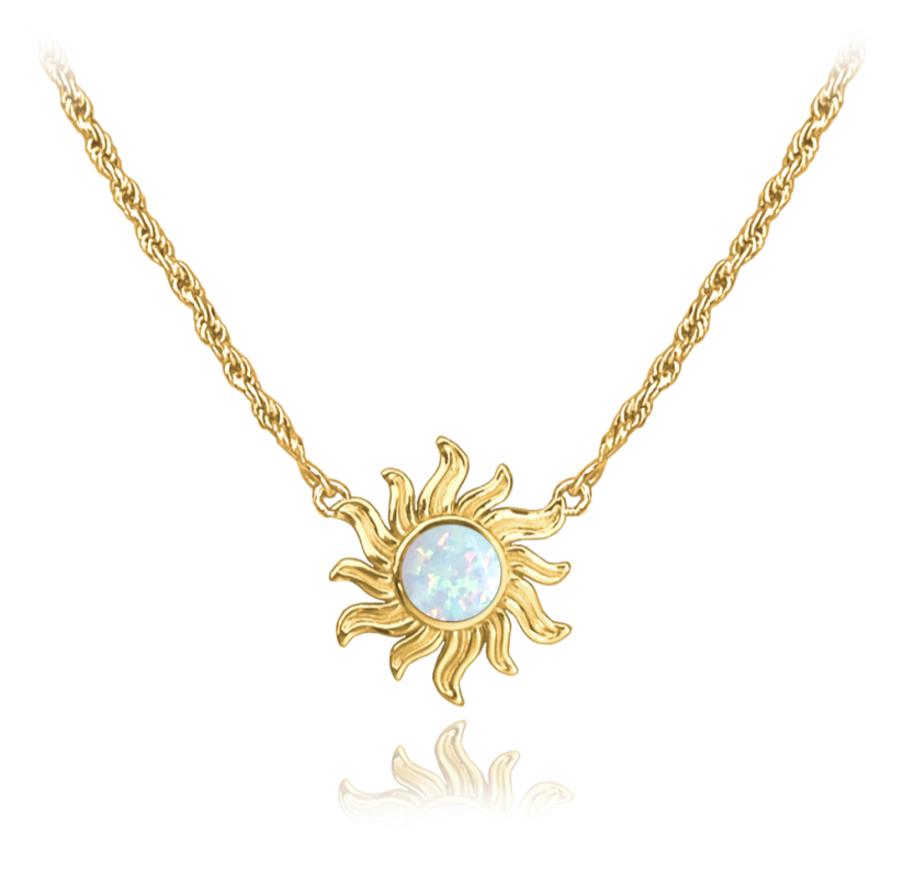 MINET Pozlátený strieborný náhrdelník SLNKO s bielym opálom