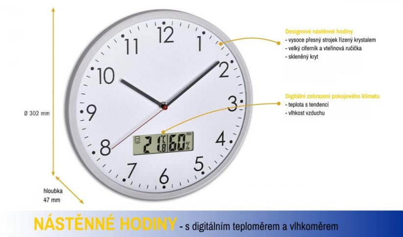 TFA 60.3048.02 - Analogové nástěnné hodiny s digitálním teploměrem a vlhkoměrem